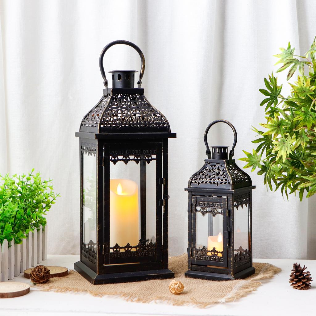 Set of Two Black Metal Lantern with Hanging Top Candle Lantern for Home Decor