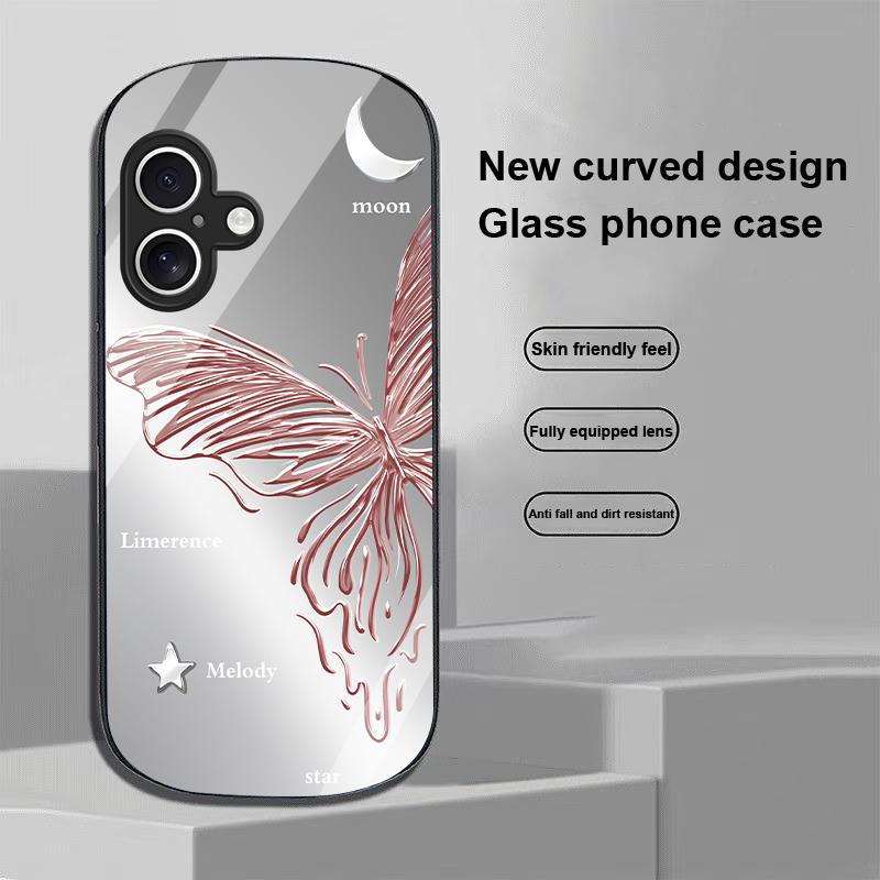 Metallic Butterfly For Apple IPhone 16 11 13 15 14 Pro Max 12 Mini 7 8 Plus XR X XS Elliptical Shaped Tempered Glass Phone Case