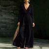 Damen V-Ausschnitt Taillenbetonender Langarm-Jumpsuit, Farbe, Elegant für Arbeit und Abend