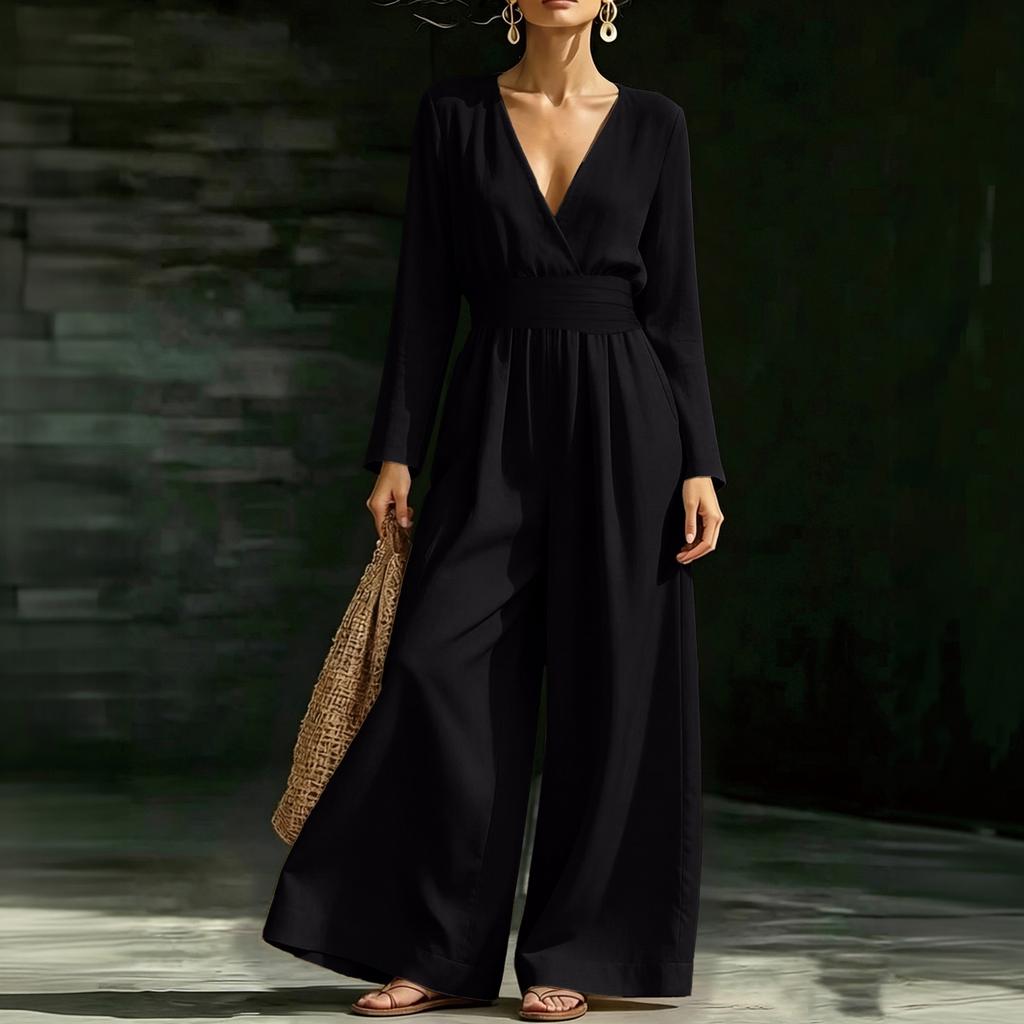 Damen V-Ausschnitt Taillenbetonender Langarm-Jumpsuit, Farbe, Elegant für Arbeit und Abend