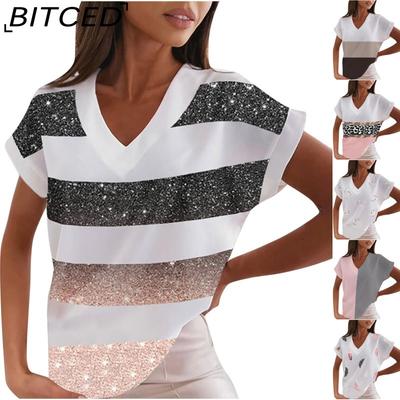 Spring/Summer Women's Casual T-Shirt Printed V-Neck Short-Sleeved Top