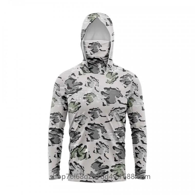 Mens Quick-Dry Ice Silk Long Sleeve UPF 50 Sun Protection Hooded Fishing Shirt With Integrated Face Cover