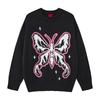 Mens Oversized Relaxed Fit Crewneck Knit Sweater With Butterfly Motif Distressed Crochet Detail