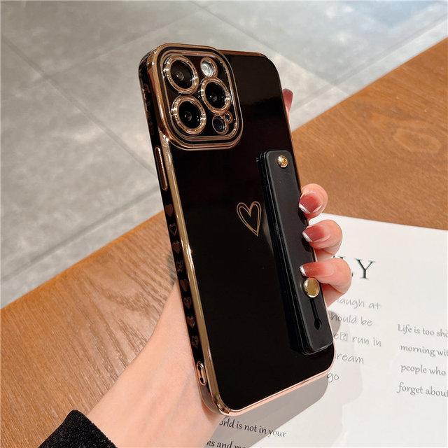 

Чехол Funda Coque для Iphone 13 11 12 Pro Max, чехол для Iphone X Xs Max Xr 7 8 Plus Se 2020, чехол для телефона, браслет на запястье, чехол с сердечком Love For 7 Plus or 8 Plus чёрный