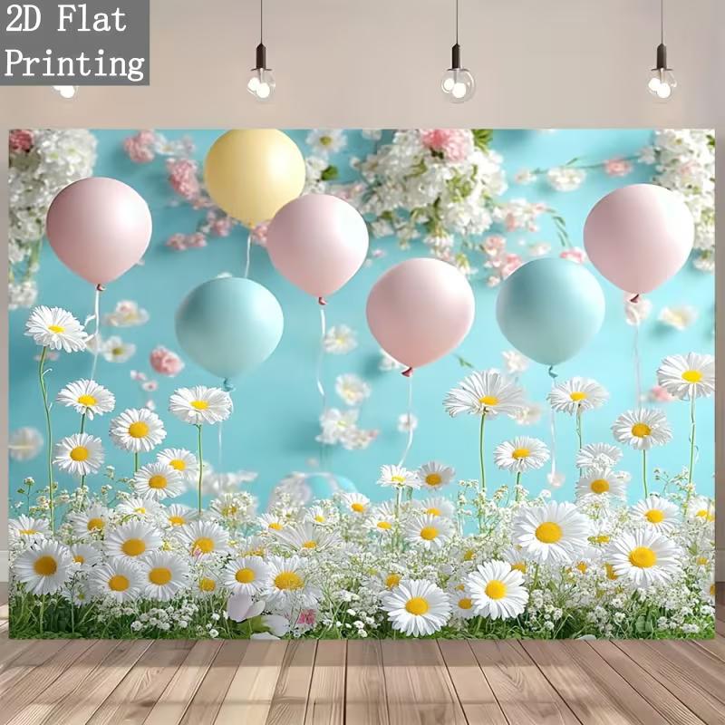 2D Pastel Balloon and Daisy Backdrop with Blue Background Cloth