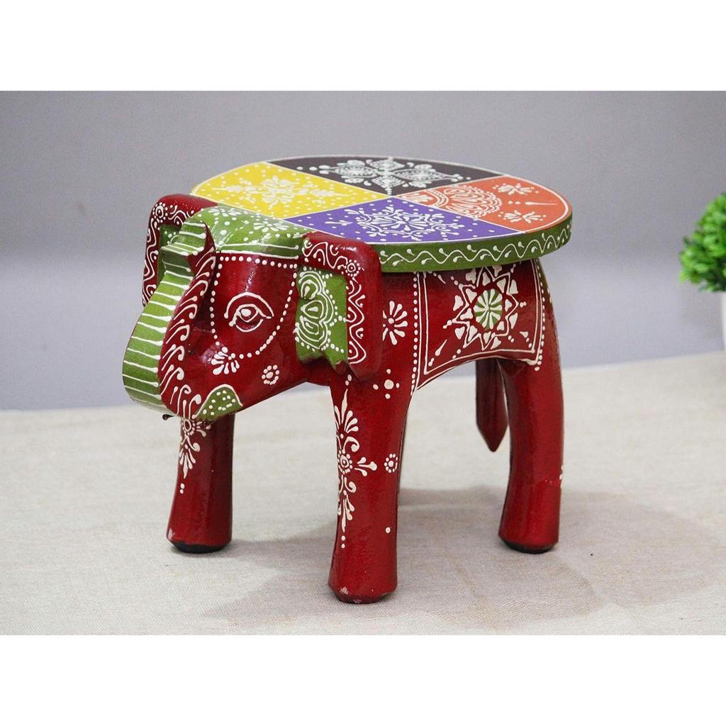 Handcrafted and Hand-Painted Colorful Wooden Elephant Stool/Side Table for Home/Office/Living or Bedroom Decor (Maroon)