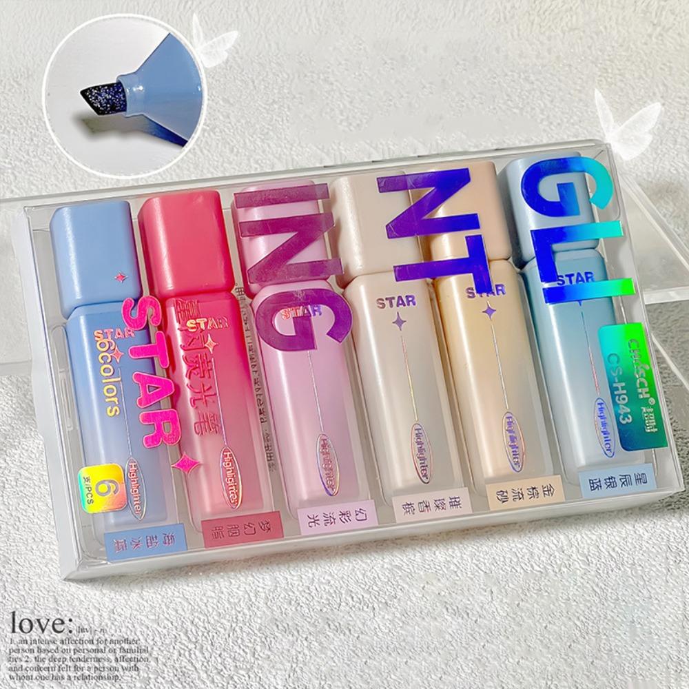 6pcs Aesthetic Shimmer Highlighter Chisel Tip 6 Colors Highlighter Pen Quick-dry Glitter Markers Students