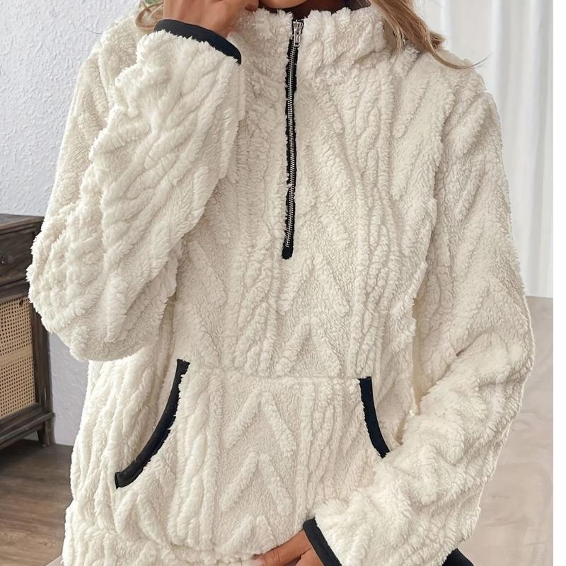 

Autumn and winter lapel half-zip plush pocket short sweatshirt S белый