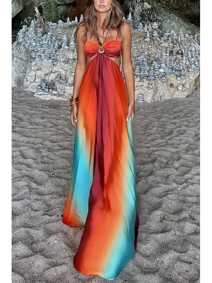 2025 Spaghetti Strap Gradient Island Style Beach Dress