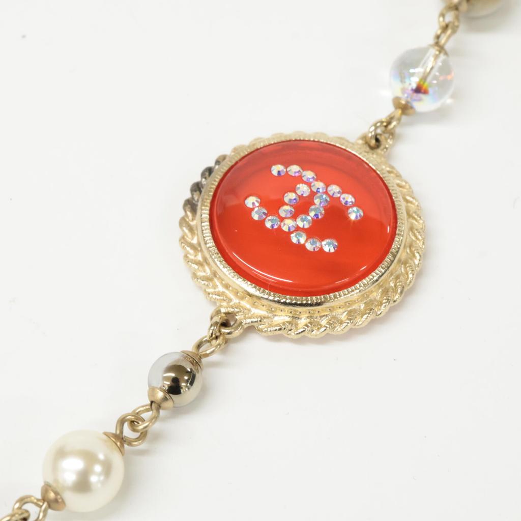 CHANEL A19 C CC Logos Round Plate, Faux Pearl, Long Necklace Light goldUsed