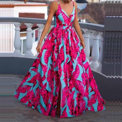 V-neck Waist Tight Split Hem Lady Dress Floral Print Sleeveless Sling Beach Holiday Dress Female Clothing