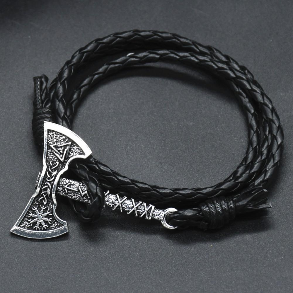 Pulsera de Hacha Vikinga Hecha a Mano Cuero Trenzado Multicapa Nudo Irlandés Joyería Pirata Para Hombres