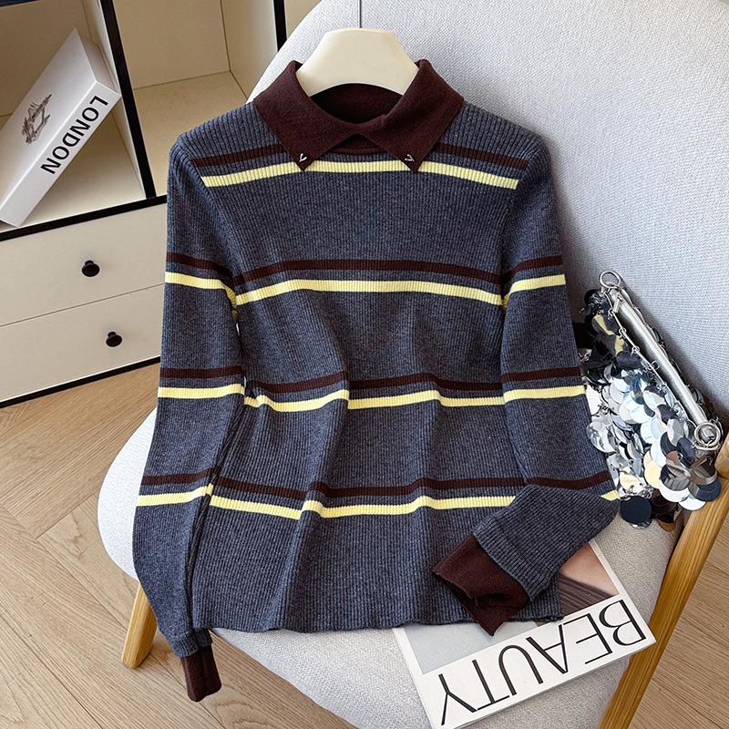 2026 Autumn-Winter Women's Striped Polo Collar Sweater: Versatile Knitwear for Layering