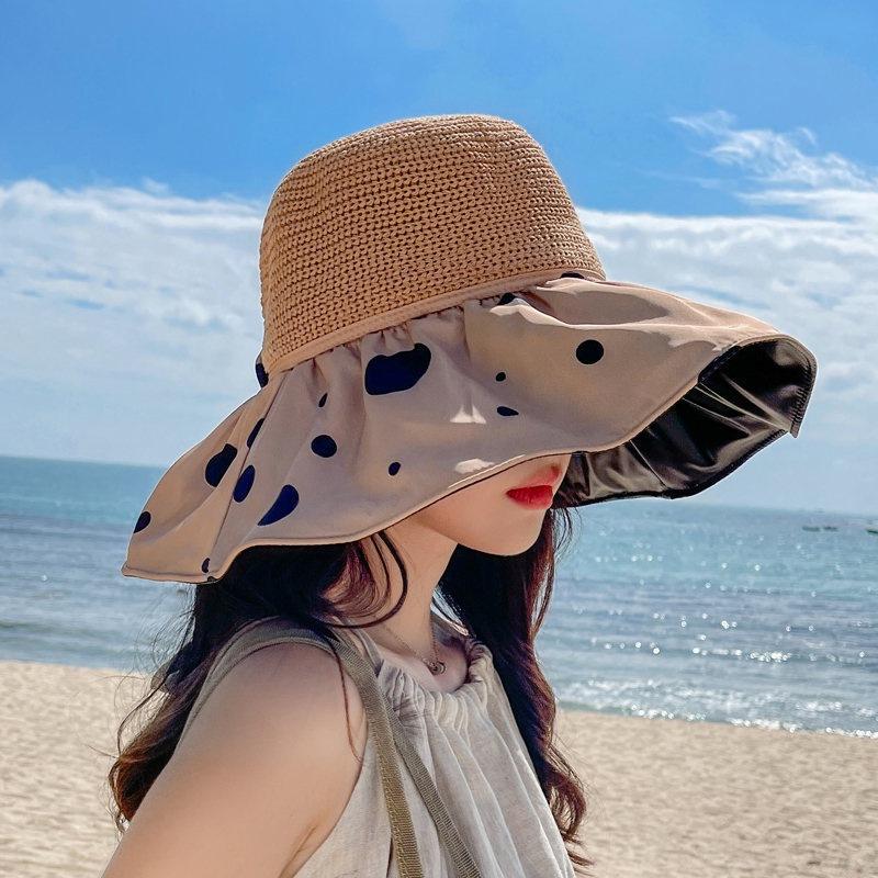 Fashion Bucket Hat Women's Summer Vinyl Sunscreen Large Brim Hollow Polka Dot Face Shade Sun Hat Sun Hat