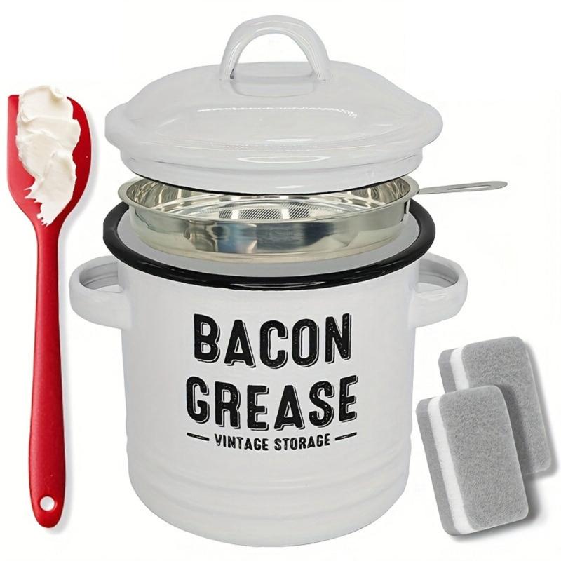 652F Enamel Bacons Grease Storage Container Jar with Strainer And Silicone Spatula Tool For Flavor Preserving Fat Keeper Box