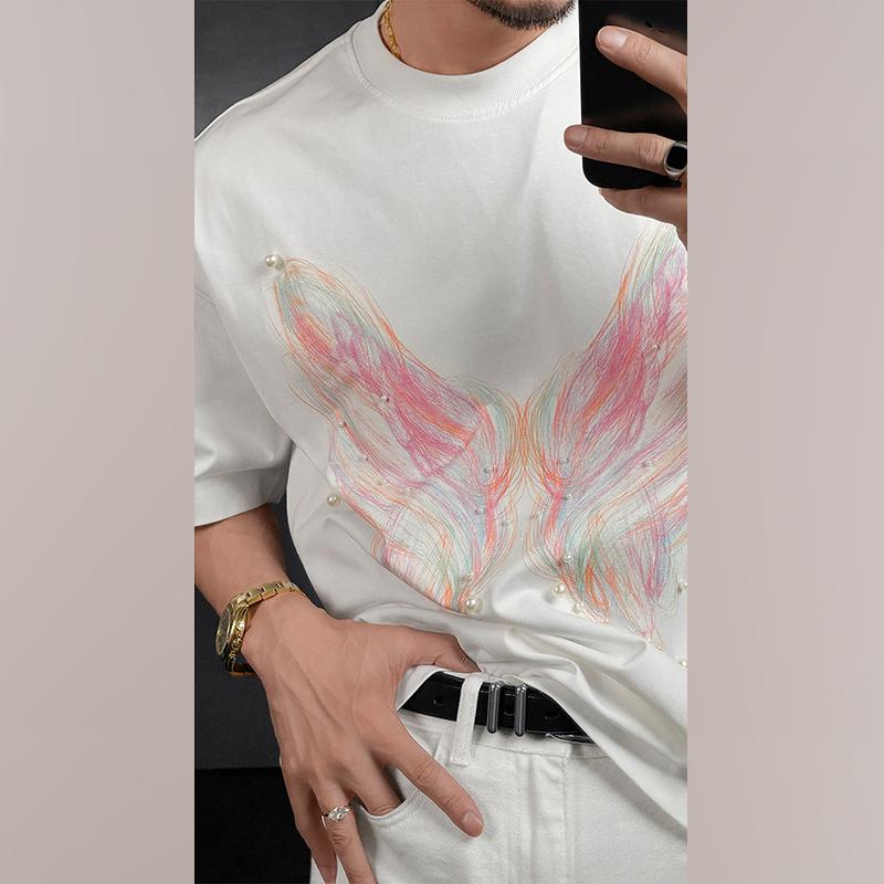 

INCERUN Мужские летние топы с круглым вырезом и коротким рукавом, повседневные футболки с жемчужным декором 2XL белый