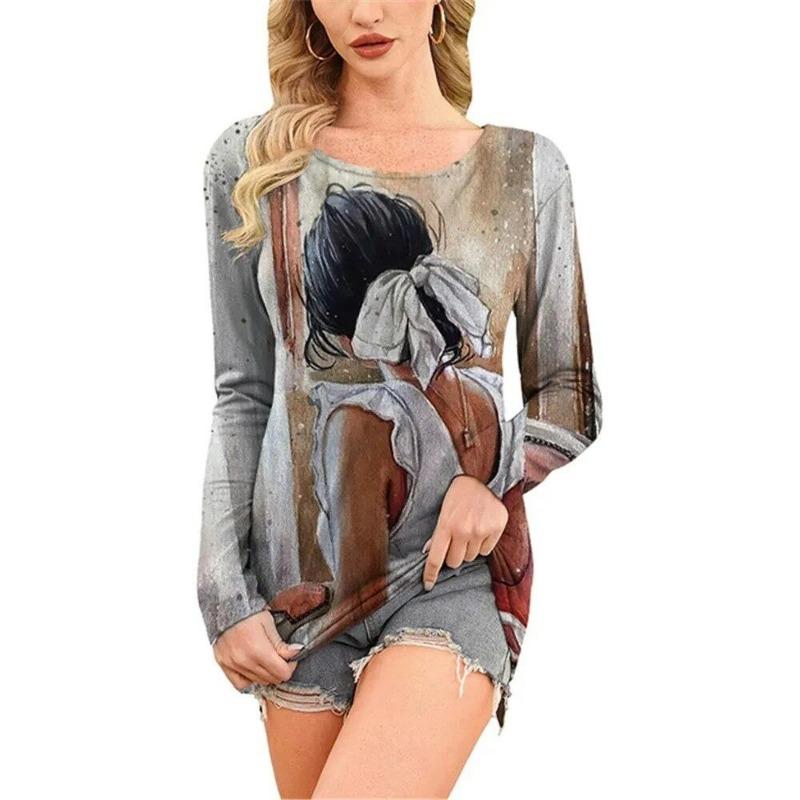 European and American Fashion Oil Painting Style Printed Casual Long Sleeved T-shirt O Neck Oversized Tees Tops Women's Clothing
