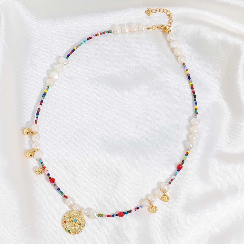 GEMCHIC Women s Natural Freshwater Pearl Beaded Necklace with Evil Eye Pendant and Gold Plated Chain