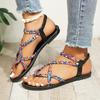 Sandali alla moda da donna bohémien con cinturino intrecciato, motivo floreale, vestibilità elastica, design open-toe, tacco piatto, tomaia e interno in tela, suola in gomma