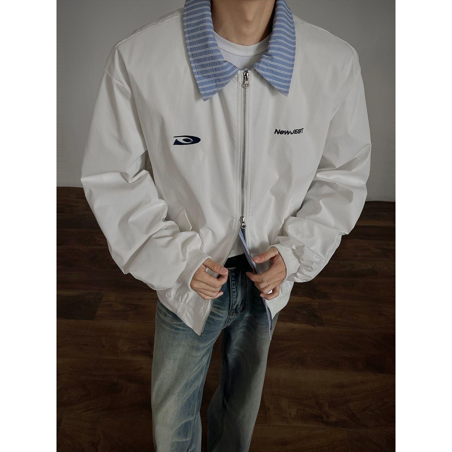 

Men s Striped Patchwork Baseball Jacket: Korean Autumn/Winter Style with Lapel and Fake Two-Piece Design. 3XL білий