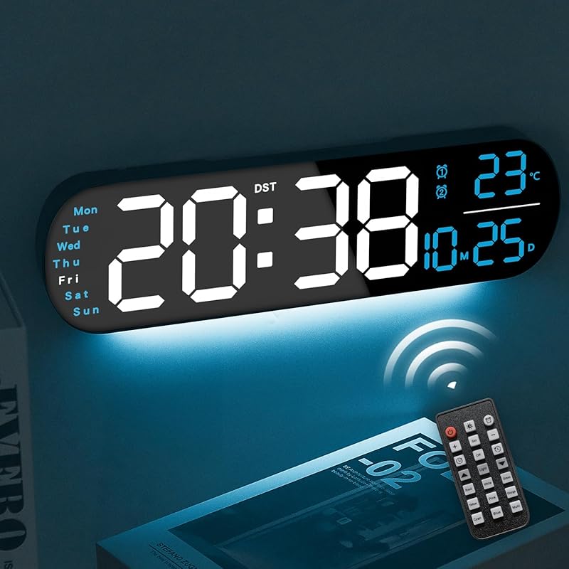 13.7" Digital Wall Clock Large Display with Remote Control,Dual Alarm,Auto-Dimming,Big Digits,Auto DST Clock for Bedroom Living Room Decor with 9