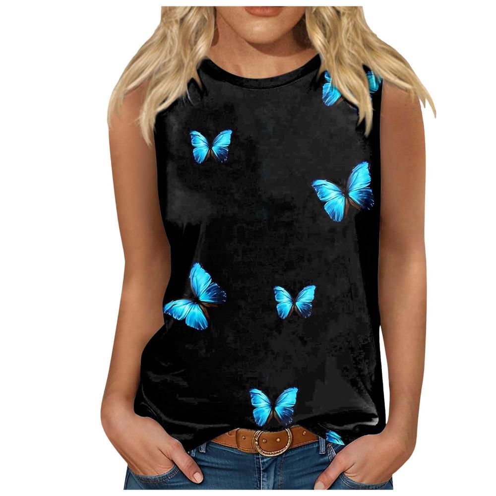 Women's butterfly 3D printed sleeveless T-shirt, round neck off shoulder casual vest, elegant Y2K sleeveless top, T-shirt, women's clothing