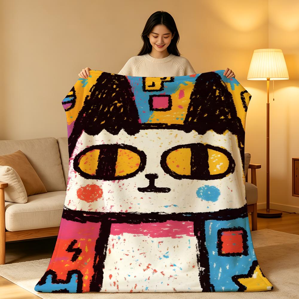 Art Graffiti Style Cat Throw High-Density Short Plush Blanket Soft Skin-Friendly for Sofa Nap Air-Conditioned Room