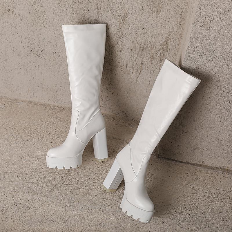Women's high-heeled boots autumn and winter new waterproof table thick-heeled large-size solid-color medium boots