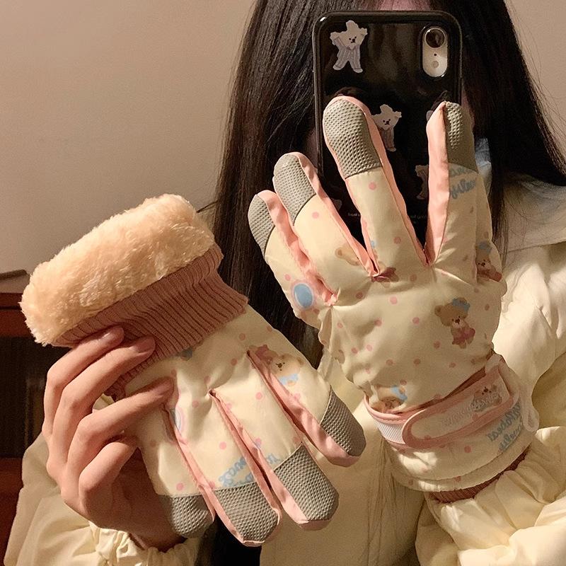 Cute bear finger ski gloves women's warm and velvet outdoor cycling anti-cold and non-slip