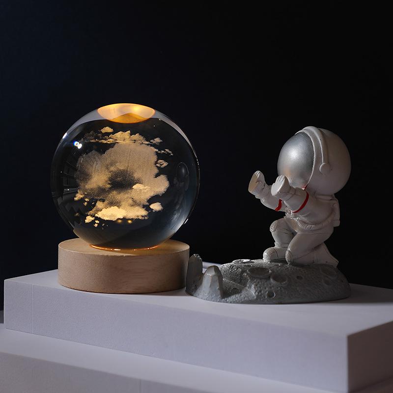 Remote Control Crystal Ball Night Light with Wooden Base – 3D Carving Luminous Glass Ornament, Perfect for Birthdays.