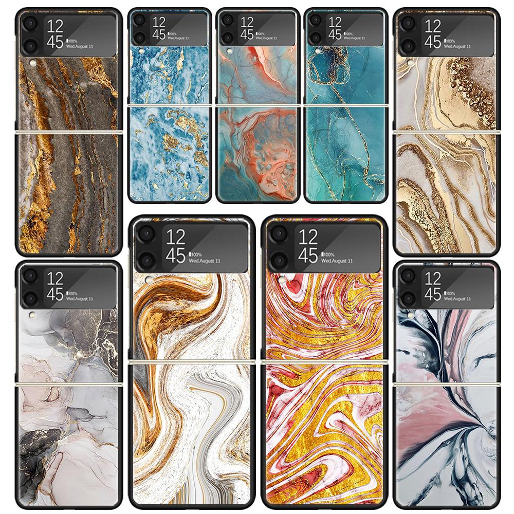 Fashion Gold Pink Geometric Marble Clear Phone Case For Samsung Z Flip 7 6 5 4 3 Galaxy ZFlip7 ZFlip6 ZFlip5 ZFlip4 ZFlip3 5G Pr
