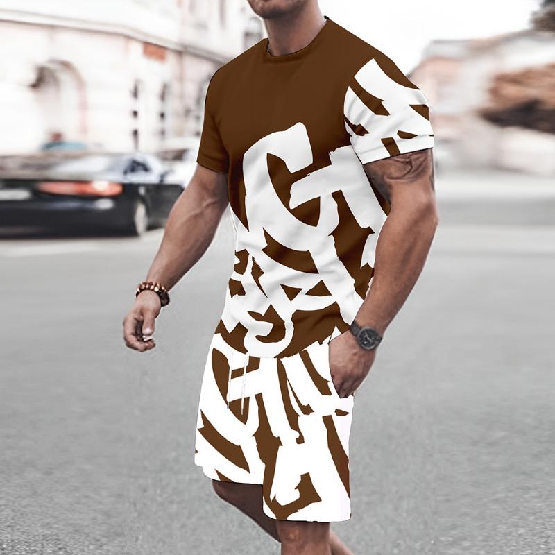 New men's summer trend big font print comfortable and breathable round neck T-shirt shorts set outdoor casual wear
