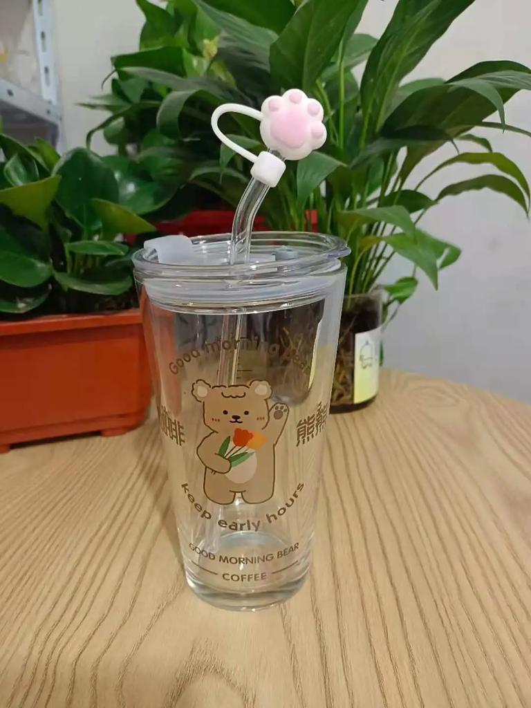New 480ML Kawaii Glass Straw Cup with Cover Cartoon Water Cup Drinkware Juice Tea Coffee Milk Cup Glass Mugs Gift