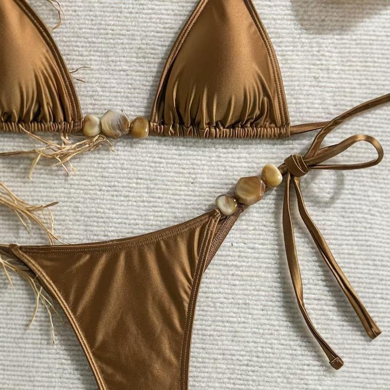 Women's bikini and new camisole triangle set, shiny brown swimsuit, two-piece push up swimsuit