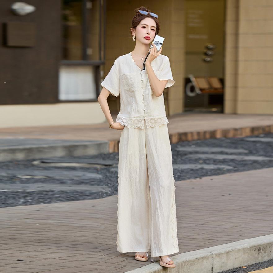 Fashion casual V-neck suit women's summer new celebrity temperament loose versatile lace splicing two-piece pants