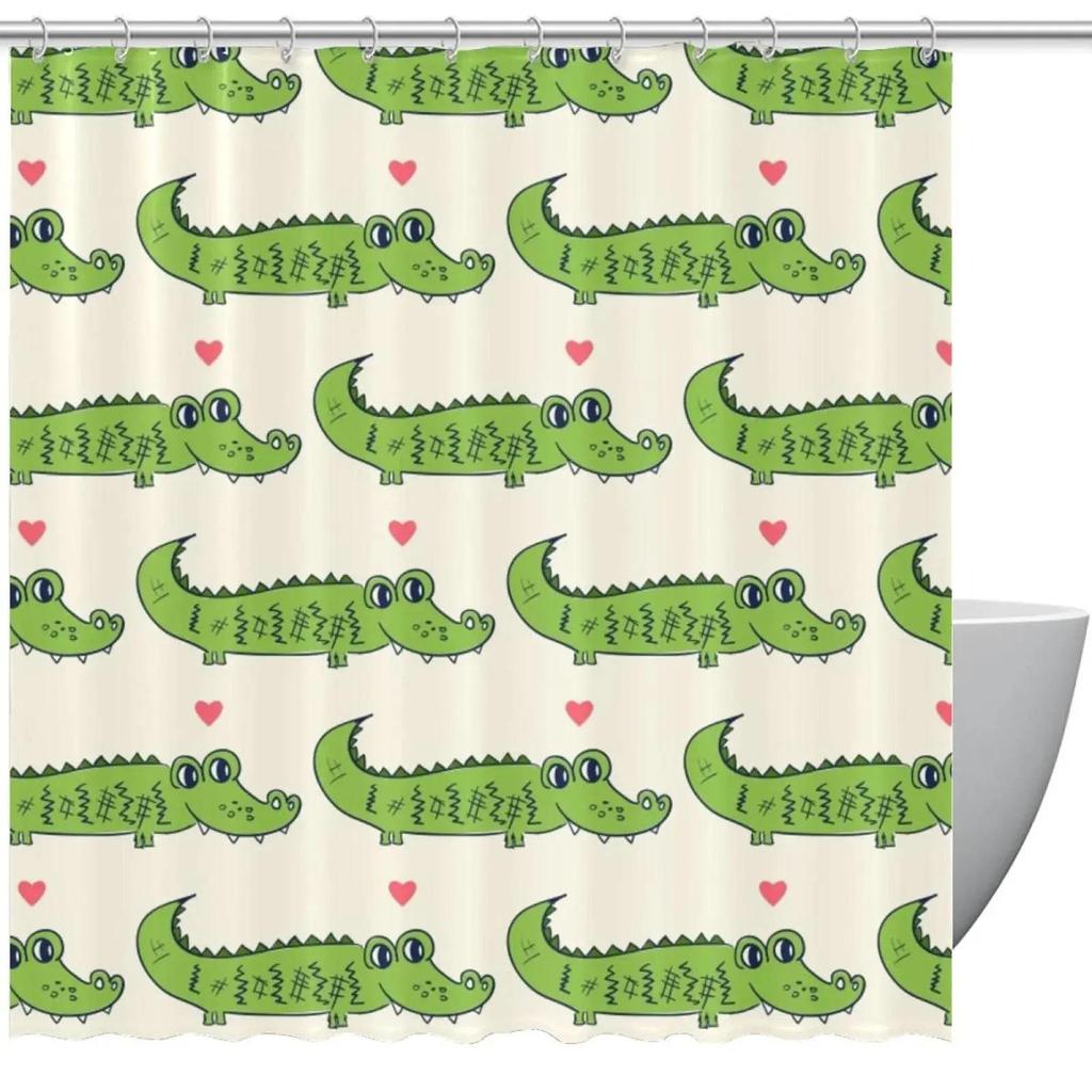 Cartoon Style Animal Shower Curtain Funny Crocodile Kids Shower Curtain Waterproof Fabric Bathroom Decor Screen with Hooks