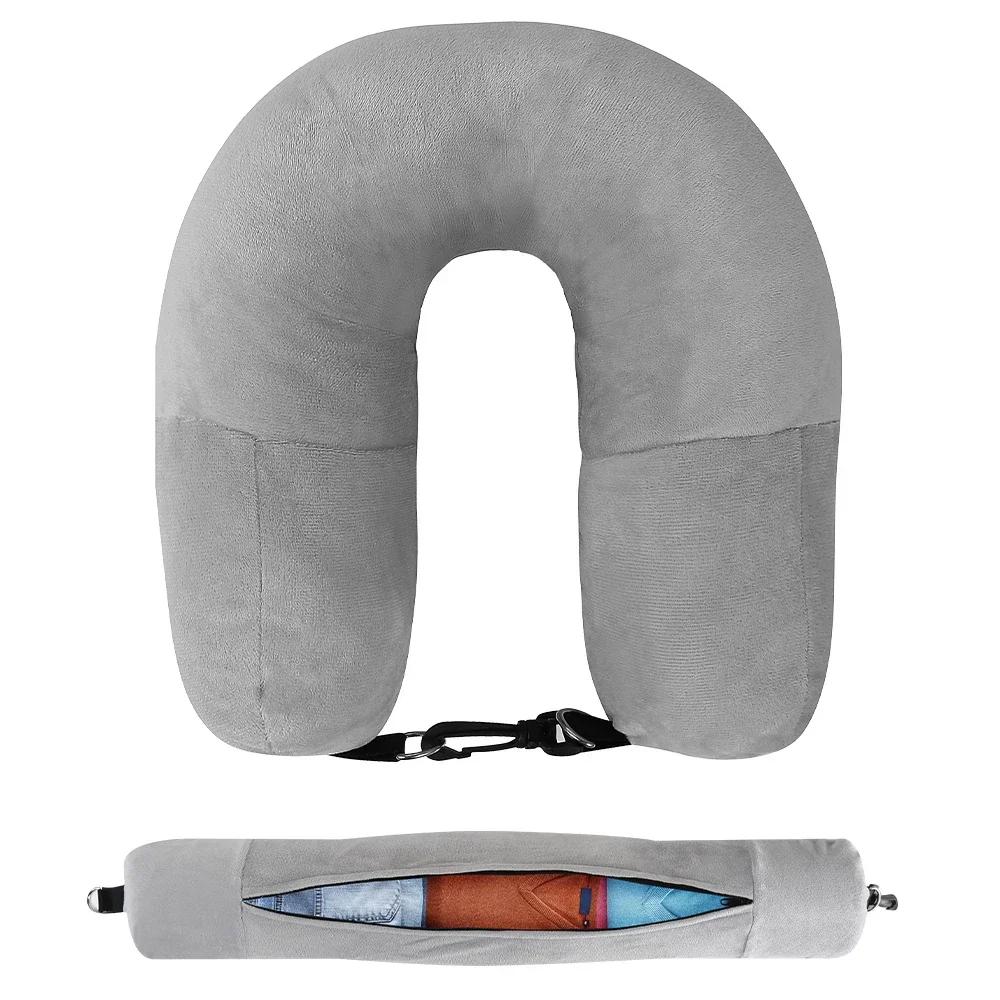"Multi-Functional U-Shaped Travel Pillow - Fill with Clothes,Plush Padding & Ergonomic Neck Support for Airplane/Office/Car Use"