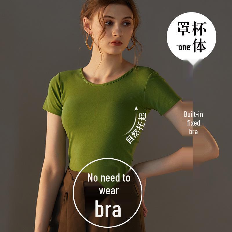 Dámské tričko s krátkým rukávem bez podprsenky - Čistá bavlna, Všitá podprsenka, Krásná záda, Zeštíhlující střih, Letní top