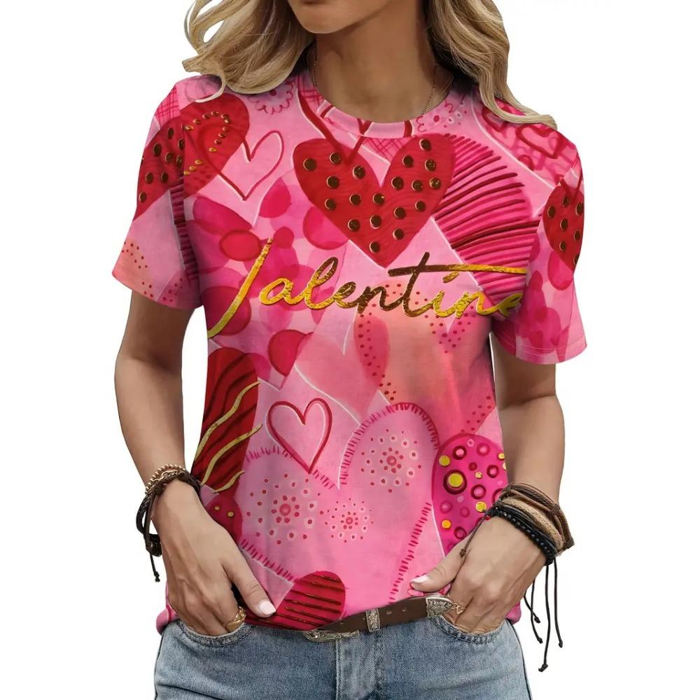 Women's Valentine's Day Heart-shaped Printed T-shirt Round Neck Short Sleeved Shirt