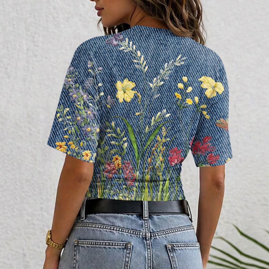Womens Crew Neck Pullover Printed Short Sleeve T Shirt Loose Fit Casual Top with Floral Pattern and Comfortable Fabric