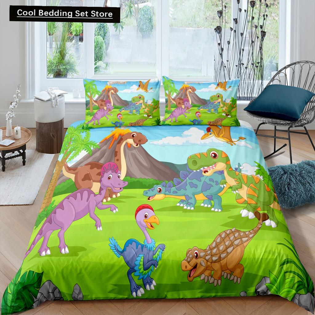 Cartoon Dinosaur Duvet Cover King Queen Kids Jurassic World Stegosaurus Tyrannosaurus Bedding Set 2/3pcs Polyester Quilt Cover