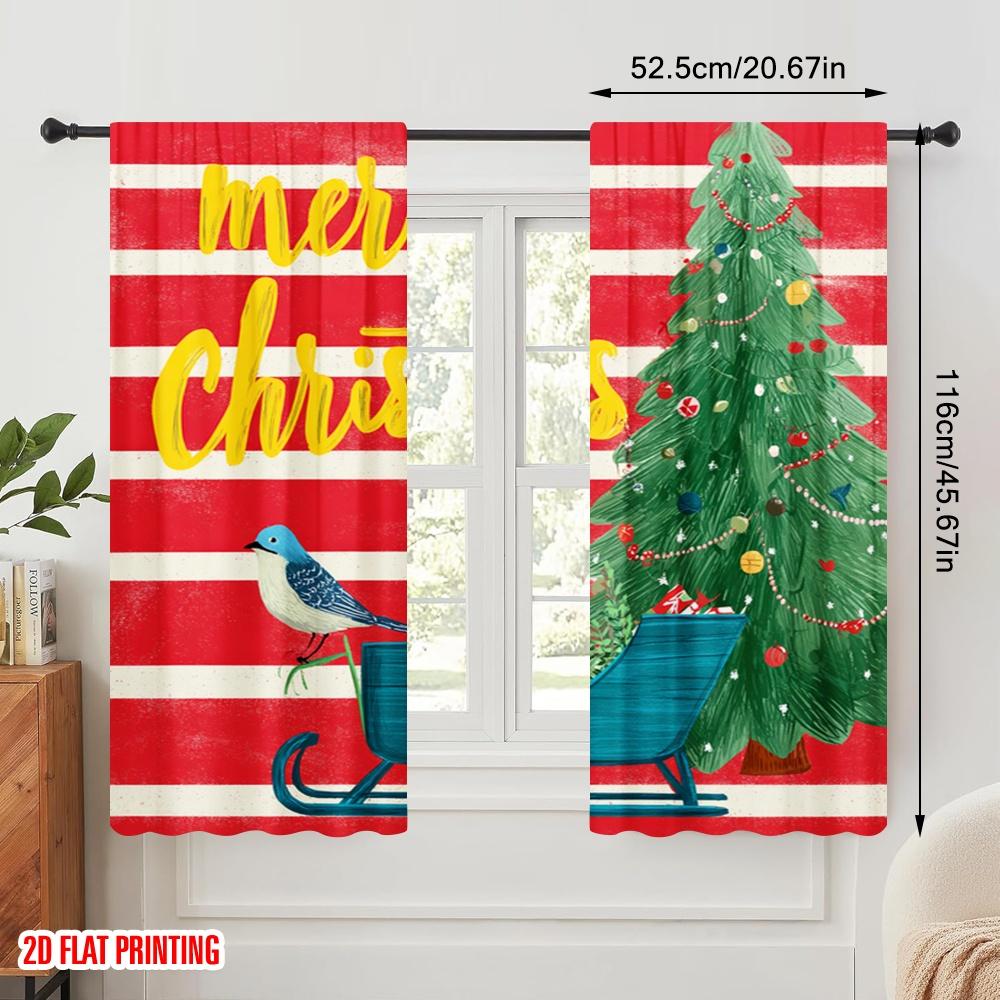 2pcs,2D plane printing Curtain Popular Xmas Tree_ Red & White Stripes_ Golden Dots & Birds Versatile Polyester Fabric (without