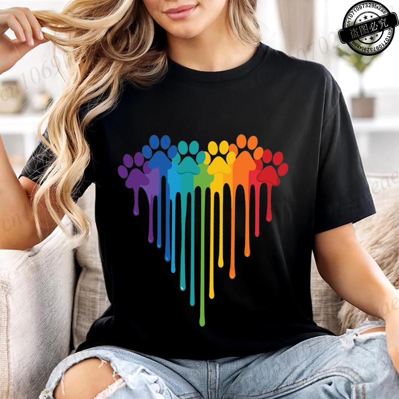 Summer T-shirt Fashion Heart Dogs Paw Print Casual Tops Colorful Heart Paws Printed Tops Cartoon Graphic Printed Tees Black Tops
