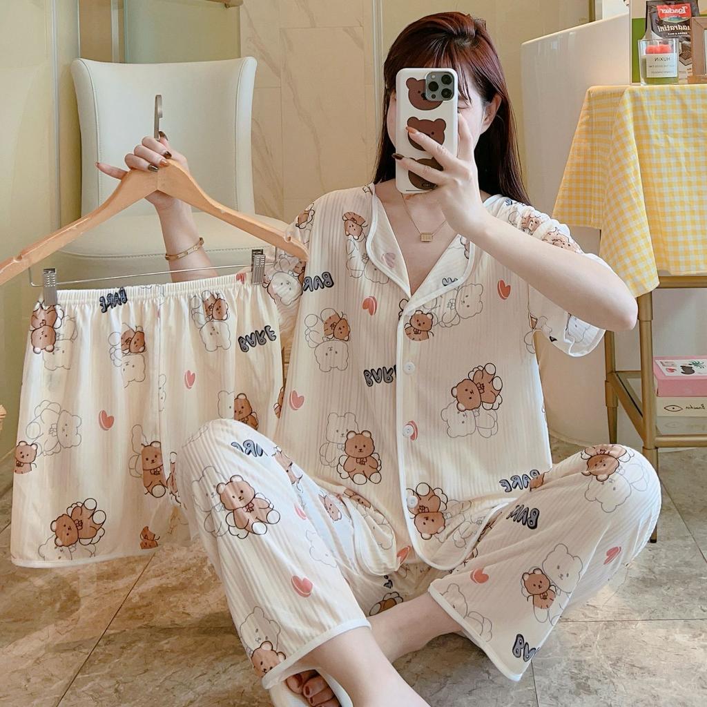 Short-Sleeved Pajamas Three-Piece Korean Version Of Sweet And Cute Cardigan Women'S Loungewear