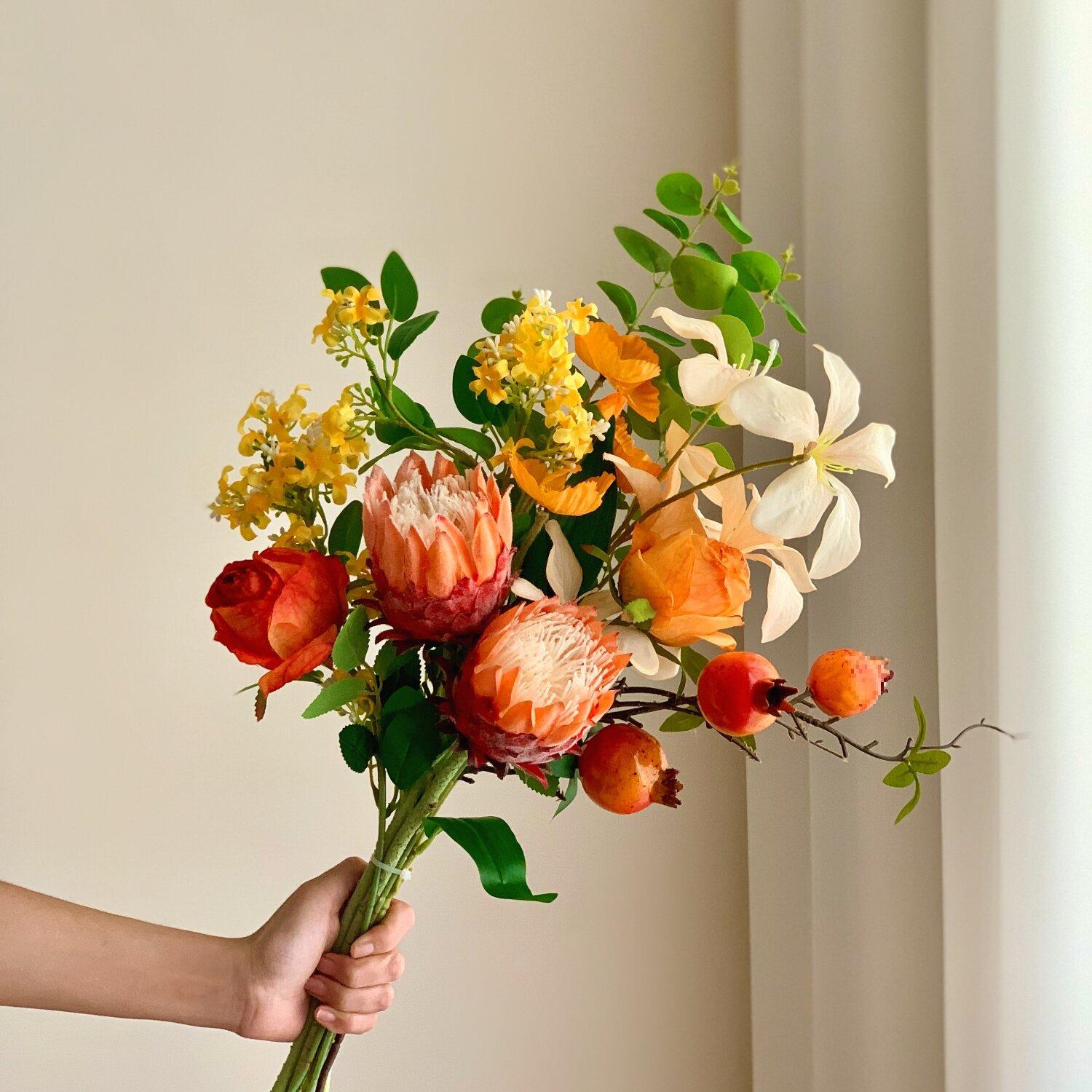 

Orange-Toned Faux King Protea Bouquet - Artificial Rose Floral Arrangement for Home, Hotel, or B&B Décor