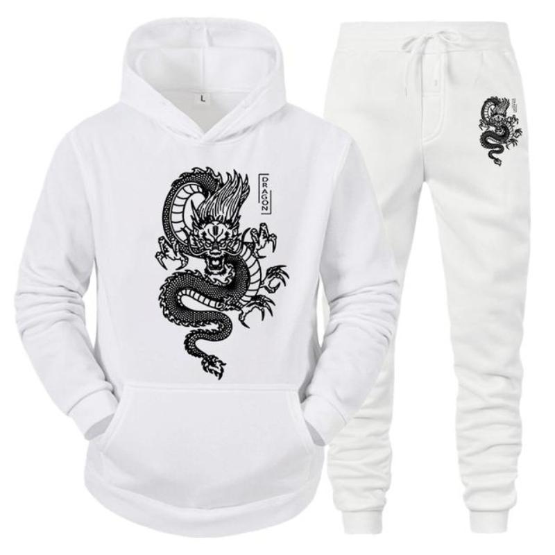 Men's And Women's Long Sleeves Set Hoodie+Pant Spring Winter Dragon Print Casual Sweatshirt Sportwear Men Clothing