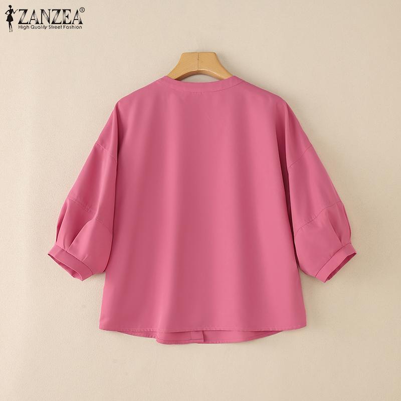 ZANZEA Women Casual Round Neck Loose 3/4 Sleeve Plain Blouse