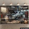 2D Ebene Retro Auto Reparaturwerkstatt Silber Sportwagen Hintergrundtuch - Klassische Muscle Car Wartungsszene Elemente, Polyester