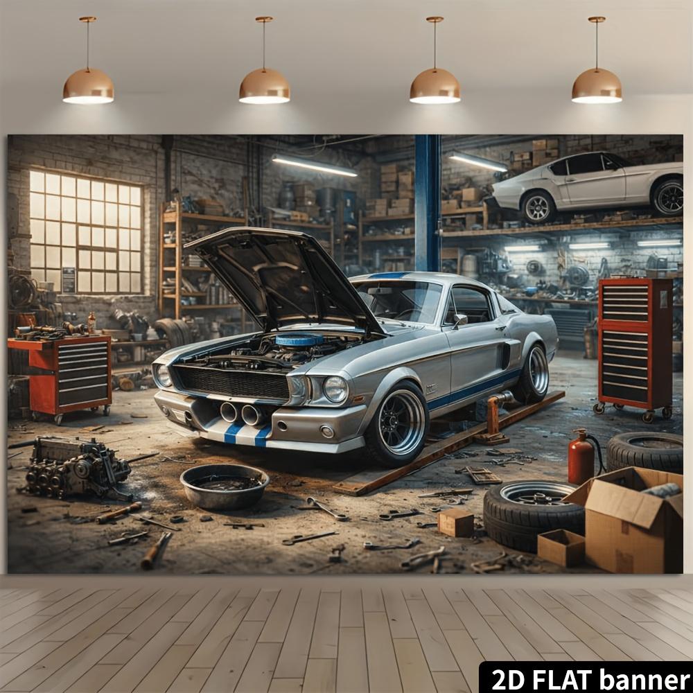 2D Ebene Retro Auto Reparaturwerkstatt Silber Sportwagen Hintergrundtuch - Klassische Muscle Car Wartungsszene Elemente, Polyester