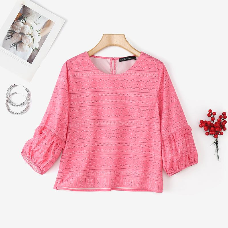 ZANZEA Women Casual Round Neck Loose 3/4 Sleeve Print Blouse
